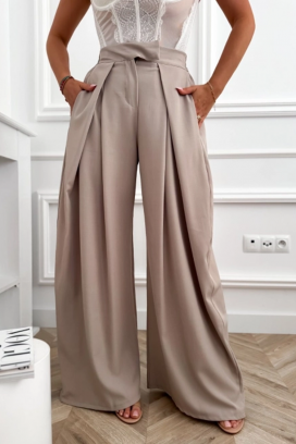 elegantne ženske hlače visokog struka s širokim nogavicama JOLYNE BEIGE