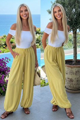 ženske hlače balon stil s visokim strukom MEDENA YELLOW