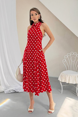 ženska midi haljina s točkama, otvorenim leđima i elegantnom siluetom NOVENTRA RED
