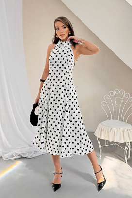 ženska midi haljina s točkama, otvorenim leđima i elegantnom siluetom NOVENTRA WHITE