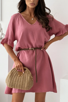 prozračna pamučna kratka haljina s remenom AMELINTA PINK
