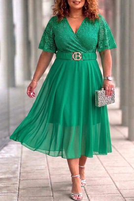 elegantna midi haljina s čipkom i ukrasnim remenom ZEZITA GREEN