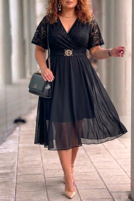 elegantna midi haljina s čipkom i ukrasnim remenom ZEZITA BLACK