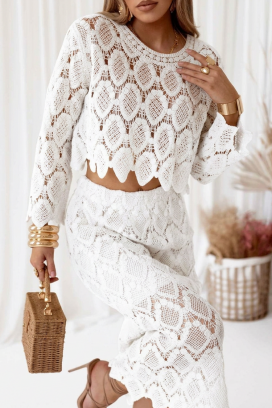 pamučni ženski set u boho stilu s čipkastim topom i suknjom PERESITA WHITE
