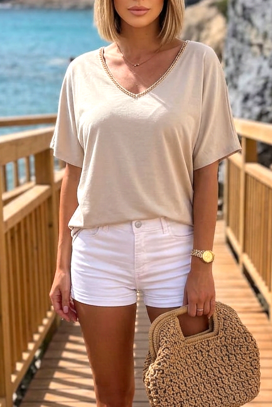 prozračna ženska bluza sa sjajnim rubom na dekolteu LUCINITA BEIGE