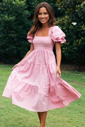 karirana ljetna midi haljina s puf rukavima CARENA PINK