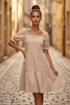 midi haljina s kvadratnim izrezom i voluminoznim rukavima SELENASA BEIGE