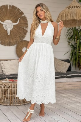 midi haljina s golim leđima i ažurnim vezom u boho stilu MELEKA WHITE