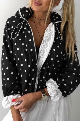 ženska jakna s točkicama, čipkastom podstavom i kapuljačom DOTILIANA BLACK