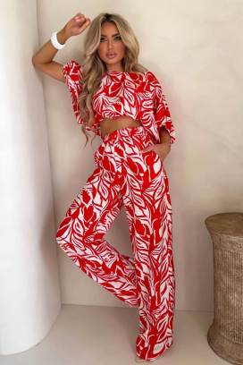 ženski set s kratkim topom i širokim hlačama u umjetničkom cvjetnom uzorku EMELIANA RED