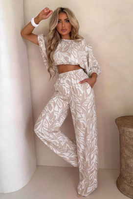 ženski set s kratkim topom i širokim hlačama u umjetničkom cvjetnom uzorku EMELIANA BEIGE