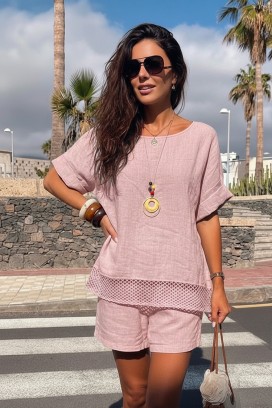 široka ženska bluza s mrežastim naglaskom i uključenom ogrlicom PENELOPIA PINK