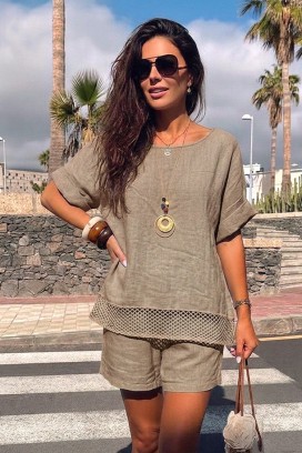 široka ženska bluza s mrežastim naglaskom i uključenom ogrlicom PENELOPIA MOCHA