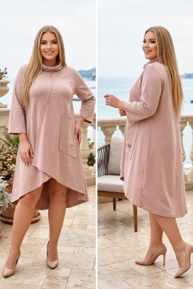 asimetrična tunika-haljina s visokom ovratnikom i 3/4 rukavima DEBRINA BEIGE