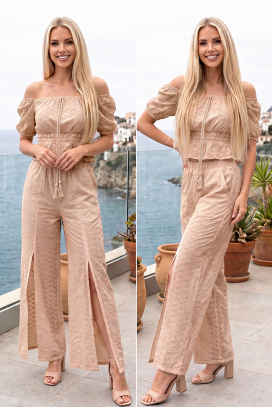 ženski ljetni set s topom s otkrivenim ramenima i hlačama s prorezima BIANORA BEIGE