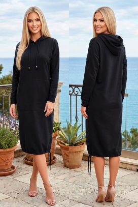 sportsko-elegantna midi haljina s kapuljačom, džepom i elastičnim porubom LIVARINA BLACK
