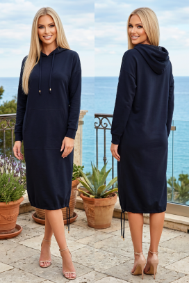 sportsko-elegantna midi haljina s kapuljačom, džepom i elastičnim porubom LIVARINA NAVY