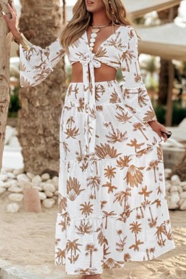 ženski set s topom na vezanje i prozračnom maxi suknjom RAMORIA BROWN