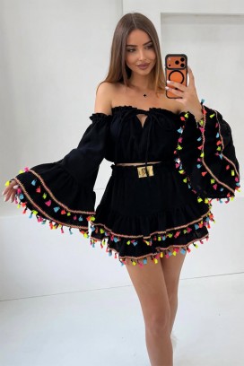 ženski boho set s cropped topom s naglašenim rukavima i mini suknjom s resama FIESTIA BLACK