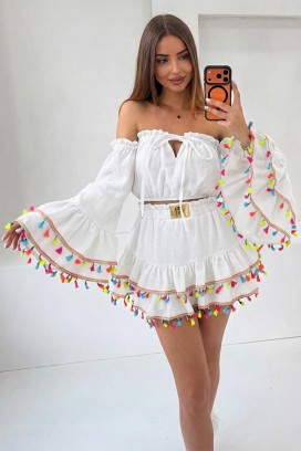 ženski boho set s kratkim topom s upečatljivim rukavima i mini suknjom s resicama FIESTIA WHITE