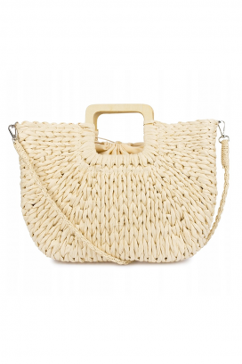 Ženska pletena torba s drvenim ručkama i dugim remenom JEMALIA BEIGE