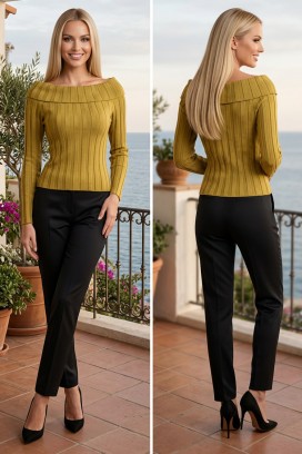 Ženska pletena bluza s efektnim izrezom na čamac i pripijenim rebrastim krojem RAFAELIA OLIVE