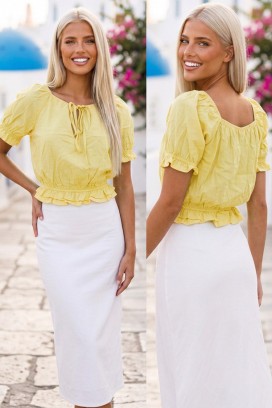 Ženska kratka bluza s vezicama i puf rukavima ELVIRANA YELLOW