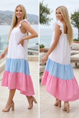 Ležerna asimetrična midi haljina s volanima na ramenima GENESIANA PINK