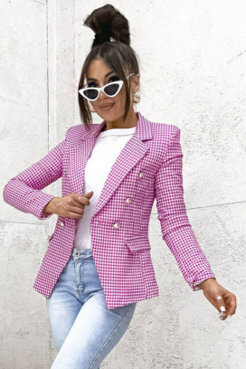 elegantni strukirani ženski sako s finim kariranim uzorkom i klasičnim reverima BELAVENZA PINK
